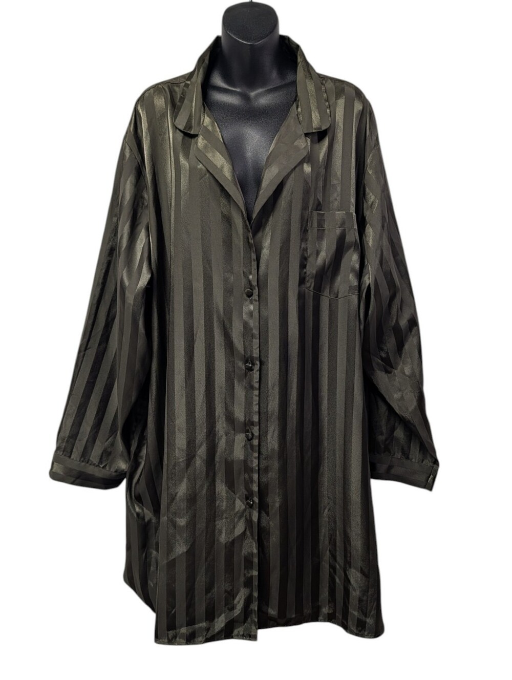 Jaclyn Smith Olive Green Satin Striped Button Up Shirt Plus Size 4X Long Tunic